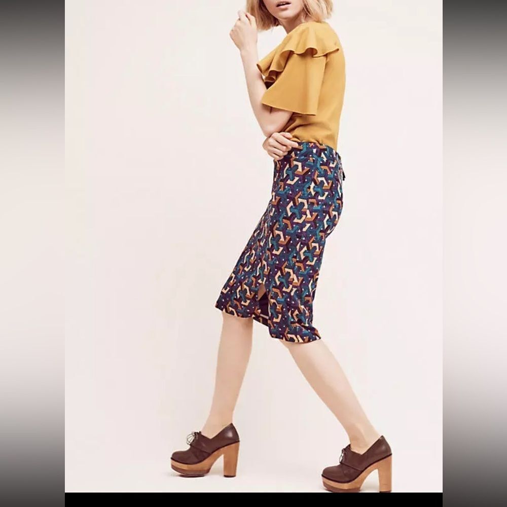 MAEVE Anthropologie Teal Geometric Pencil Skirt Sz S Knee-Length Cereer Preppy